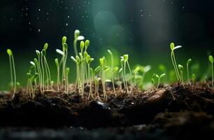 AI generated wet soil with sprouts of green grass growing up on top, photo