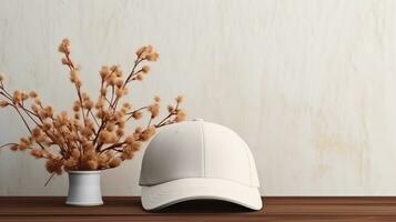 AI generated white Cap with blank front, realistic on a mockup template in a white table in a luxury home photo