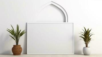 AI generated White frame with blank front, realistic on a mockup template in a white minimalist wall photo