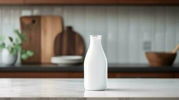 AI generated white milk bottle with blank front, realistic on a mockup template in a wooden table photo