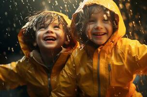 ai generado dos niños jugar en el lluvia afuera, foto