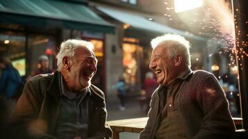 ai generado dos mayor hombres riendo en un antiguo ciudad centro, foto