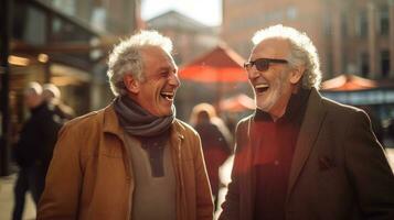 ai generado dos mayor hombres riendo en un antiguo ciudad centro, foto