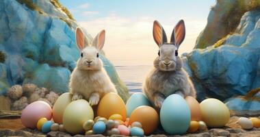 AI generated two rabbits sit in a pile of colored easter eggs, photo