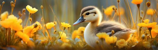 ai generado un pequeño anadón en pie en alto césped con un montón de amarillo flores foto