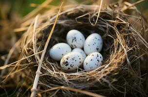 AI generated a white bird hen nest has 2 eggs with feathers in it photo