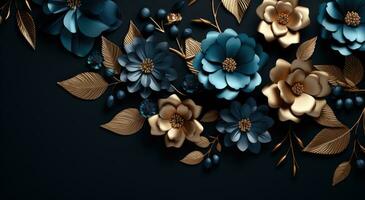 AI generated a black background with gold leaves and purple flowers photo