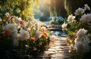 ai generado un hermosa jardín con blanco flores y luz de sol foto