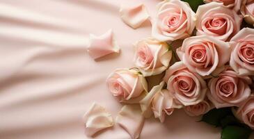 AI generated a blank sheet of paper on a table surrounded by pink roses photo