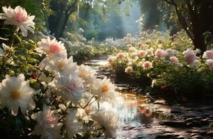 ai generado un hermosa jardín con blanco flores y luz de sol foto