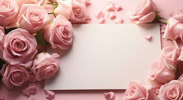 ai generado un blanco sábana de papel en un mesa rodeado por rosado rosas foto