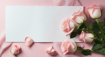 AI generated a blank sheet of paper on a table surrounded by pink roses photo