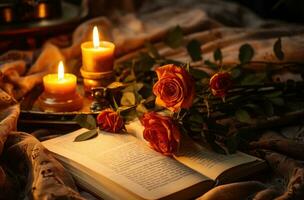 AI generated a candle, roses and an open book lying on a blanket photo