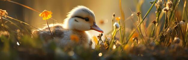 AI generated a duckling sitting under a piece of grass in the sunlight photo