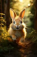 ai generado un linda Conejo es corriendo mediante el bosque en el luz de sol foto