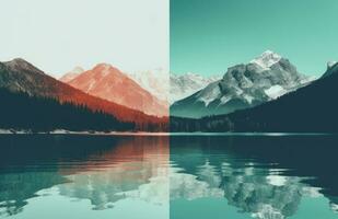 ai generado un verde lago con montañas en el antecedentes foto