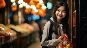 AI generated young asian girl smiling holding bags of fruit in a market, photo