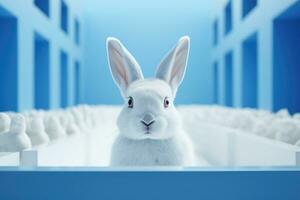 AI generated a white rabbit is looking over the box of blue behind him photo