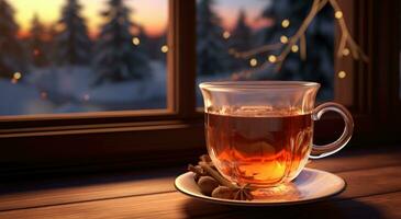 AI generated a cup of hot mulled wine sitting on the window sill photo