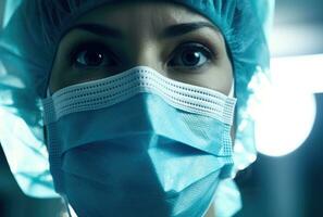 ai generado un hembra cirujano vistiendo un azul cara mascarilla, foto