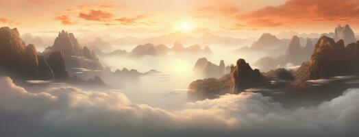 AI generated sunrise over the foggy mountains, photo