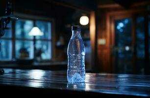 AI generated bottle of ice with rain sitting on a table photo