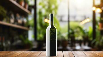 AI generated Wine bottle with blank front, realistic on a mockup template in a wooden table in restaurant photo