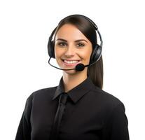 AI generated businesswoman with headset on smiling against white background photo