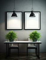 AI generated white wooden dining table with two picture frames and potted plants, photo