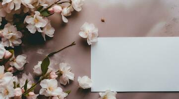 ai generado blanco flores con blanco tarjeta de nota cerca un gris fondo, foto