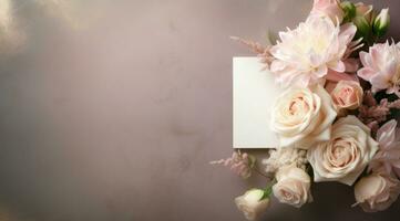 AI generated white flower bouquet and blank card on a concrete background, photo