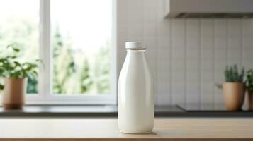 AI generated white milk bottle with blank front, realistic on a mockup template in a wooden table photo
