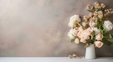 AI generated white flower bouquet and blank card on a concrete background, photo