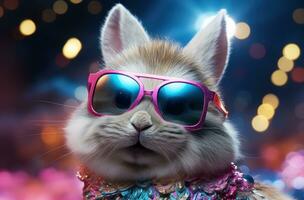 ai generado conejito Conejo en Gafas de sol vestido en costoso, animado gifs foto