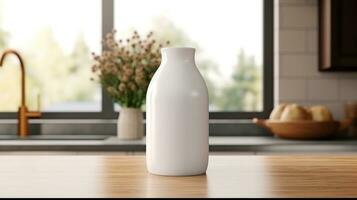 AI generated white milk bottle with blank front, realistic on a mockup template in a wooden table photo