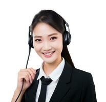 ai generado mujer de negocios con auriculares en sonriente en contra blanco antecedentes foto