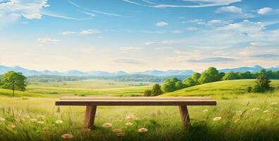 AI generated wooden bench with grass on summer sunny background, photo