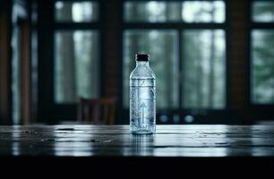 ai generado botella de hielo con lluvia sentado en un mesa foto