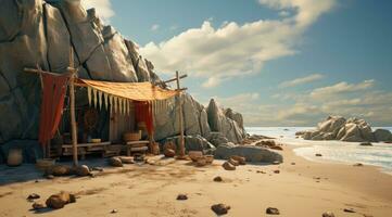 AI generated a shack with a beach umbrella and rocks photo