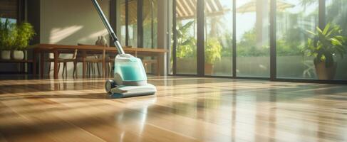 AI generated clean tile floor on wooden floor by vacuum mop photo