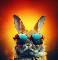 AI generated an eye catching cute rabbit that is wearing sunglasses on a bright background photo