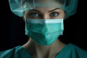 ai generado un imagen de un enfermero vistiendo un quirúrgico máscara y matorrales foto