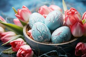 AI generated easter egg coloring with blue bokeh over wooden table and nest photo