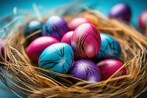 AI generated colorful easter eggs in a nest framed with beautiful colors of rainbow over bluish sky photo