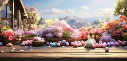 ai generado Pascua de Resurrección huevos en parte superior de un de madera tablero con flores en el antecedentes foto