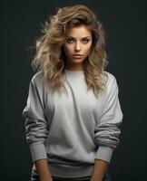 AI generated girl in grey sweater with posing pose photo