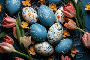 AI generated easter egg coloring with blue bokeh over wooden table and nest photo