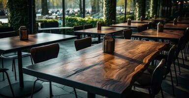 AI generated empty wooden tables in an open cafe photo