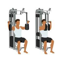 Man doing Machine bent arm chest fly exercise. Butterflies, pec deck, seated machine flyes. vector