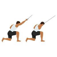 Man doing half kneeling lat pulldown exercise. One arm lat pull down. vector